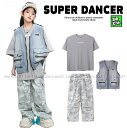 キッズダンス衣装 セットアップ グレー ヒップホップ 衣装 ダンスファッション ダンス衣装 キッズ 男の子 ガールズ デニムベスト 迷彩パンツ K-POP 韓国
