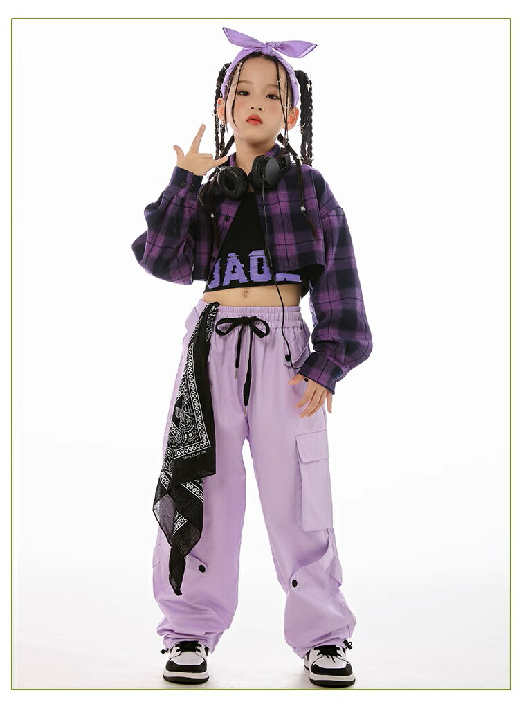 キッズダンス衣装 セットアップ ガールズ ヒップホップ 衣装 紫 上着 パンツ 子供ダンス服 ダンスウェア ダンス衣装 キッズ へそ出し 派手 K-POP 韓国 3