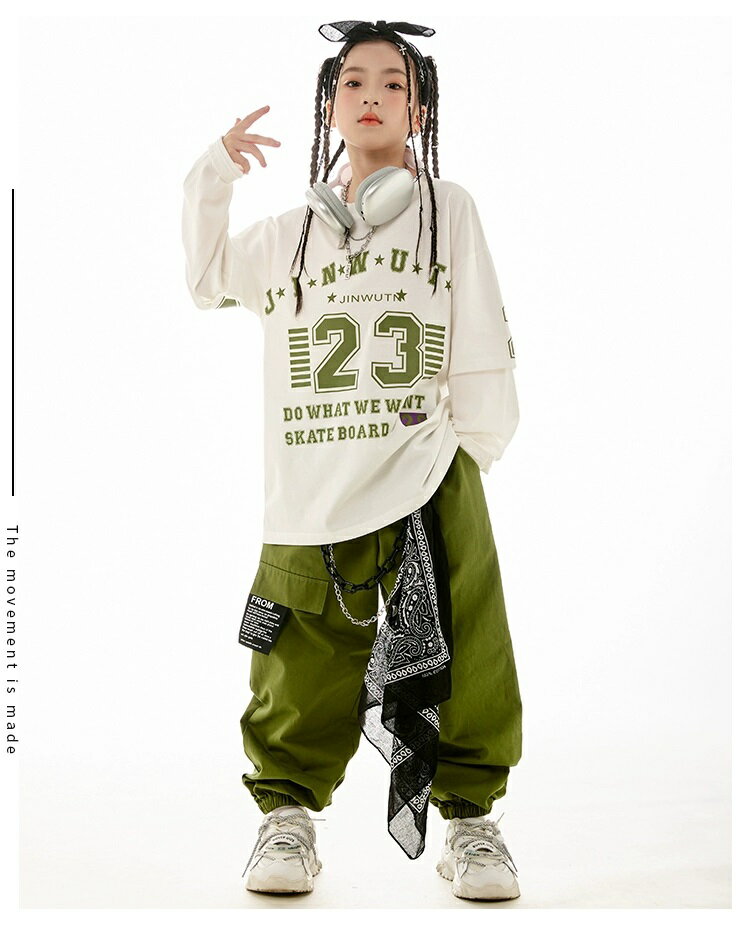 ヒップホップ 衣装 キッズダンス衣装 セットアップ 韓国 子供ダンス服 派手 白 カーキ K-POP hiphop 男の子 ガールズ ダンス衣装 キッズ 重ね着風Tシャツ パンツ 2