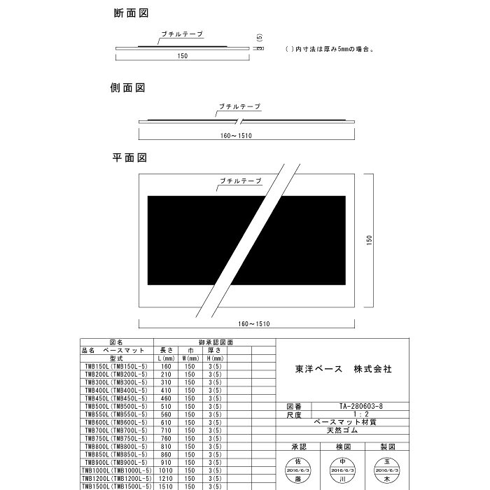 東洋ベース TMB300L-5 両面テープ付き/受注生産 ベースマット(天然ゴム) 長さ310mm 厚さ5mm【取寄商品】 2