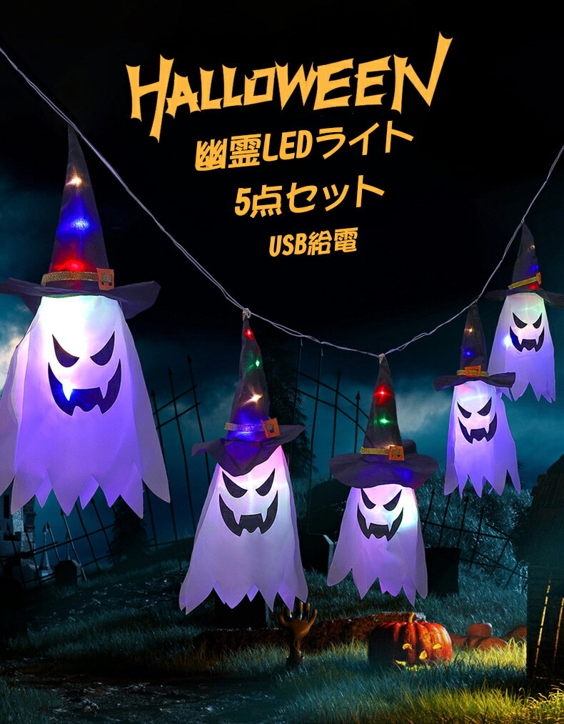 ハロウィン 飾り 屋外 玄関 飾り付け LEDライト LED ライト飾り USB ゴースト イルミネーション 吊り下げ LEDストリングライト 吊り飾り USB給電式 ライトのみ 雰囲気造り 幽霊 学園祭 室外 室内 庭対応 装飾 お化け ハロウィーン 送料無料