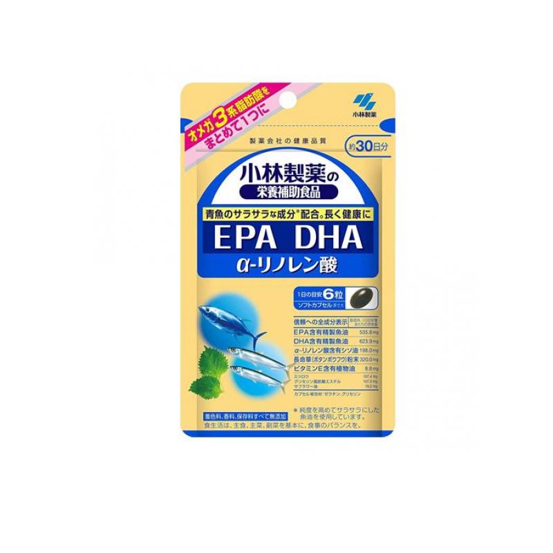 【商品名】 小林製薬の栄養補助食品 EPA DHA α-リノレン酸 【消費者相談窓口】 お客様相談室 フリーダイヤル：0120-5884-02 受付時間：9：00-17：00(土・日・祝日を除く) 販売者 小林製薬株式会社 大阪市中央区道修町4-4-10 【製造販売会社】 小林製薬 【ご使用について】 栄養補助食品として1日6粒を目安に、かまずに水またはお湯とともにお召し上がりください。 ※短期間に大量に摂ることは避けてください。 【原材料】 6粒中 エネルギー:18kcal たんぱく質:0.78g 脂質:1.5g 炭水化物:0.4g 食塩相当量:0～0.0058g ビタミンE:3.6mg 製造時、1日目安量あたりの含有量 EPA含有精製魚油:453.2mg DHA含有精製魚油:721.1mg α-リノレン酸含有シソ油:198.0mg 長命草（ボタンボウフウ）粉末:320.0mg ビタミンE含有植物油:7.9mg ミツロウ:69.8mg グリセリン脂肪酸エステル:60.0mg ＊DHA含有精製魚油、ゼラチン、EPA含有精製魚油、ボタンボウフウ粉末、シソ油/グリセリン、ミツロウ、グリセリン脂肪酸エステル、ビタミンE 製品の特徴 ●DHA、EPAなどのサラサラ成分に加え、α-リノレン酸も配合した健康補助食品です。 ●さらに、長命草(ボタンボウフウ)粉末も配合。活動的な毎日をサポートします。 ●着色料・香料・保存料無添加。