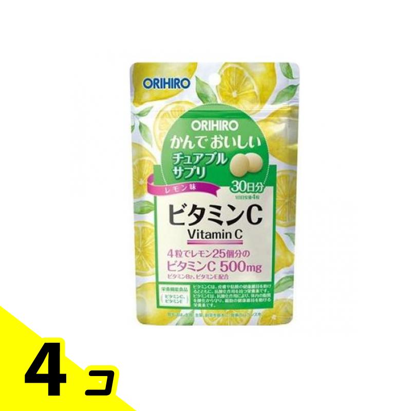 【商品名】 オリヒロ(ORIHIRO)かんでおいしいチュアブルサプリ ビタミンC 【製造販売会社】 オリヒロ（ORIHIRO） 【ご使用について】 ●1日4粒を目安に、必ずかんでお召し上がりください。●初めてご利用いただくお客様は少量からお召し上がりください。●1日の摂取目安量をお守りください。 【原材料】 砂糖、デキストリン、麦芽糖、レモン果汁末（デキストリン、濃縮レモン）、リンゴ果汁末、でん粉／V.C、ショ糖脂肪酸エステル、二酸化ケイ素、香料、甘味料（アスパルテーム・L-フェニルアラニン化合物、スクラロース）、V.E、酸味料、V.B2 主要成分： 製品4粒（2g）中：ビタミンC 500mg(500%)、ビタミンB2 0.2～1.0mg(14～71%)、 ビタミンE 4.0mg(63%) ※（）内は栄養素等表示基準値2015（18歳以上、基準熱量2200kcal）に占める割合 製品の特徴 ●ビタミンCを美味しく摂取できるレモン味のチュアブル製品です。 ●1日目安量4粒でレモン25個分のビタミンC500mgが補給できます。 ●栄養機能食品【ビタミンC、ビタミンE】 　ビタミンCは、皮膚や粘膜の健康維持を助けるとともに、抗酸化作用を持つ栄養素です。 　ビタミンEは、抗酸化作用により、体内の脂質を酸化から守り、細胞の健康維持を助ける栄養素です。 ●本品は、特定保健用食品と異なり、消費者庁長官による個別審査を受けたものではありません。