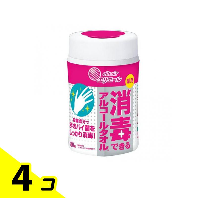 【送料無料！（地域限定）】エリエール 薬用消毒できるアルコールタオル ボトルタイプ 本体 80枚入 4個セット