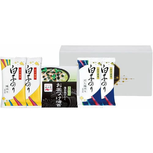 ●白子のり味付のり（8切5枚）・白子だし塩のり（8切5枚）各2、 　永谷園お茶づけ海苔（3袋入）×1 ●箱：約26.5×13×8cm 【小麦・エビ】 ★内祝いなど各種ギフトにご利用下さい。 出産内祝い 出産祝い 結婚祝い 結婚内祝い 引き出物 快気祝い 快気内祝い 入学祝い 入学内祝い 成人祝い 成人内祝い 新築祝い 新築内祝い 開店祝い 御挨拶 退職祝い 永年勤続 御祝い 各種内祝い プレゼントなど ★弊店発行の領収書が必要の場合は注文時の備考欄に「領収書希望」とご入力ください。誰からも愛される永谷園のお茶づけと風味豊かな白子のりの味付けのりのセットです。