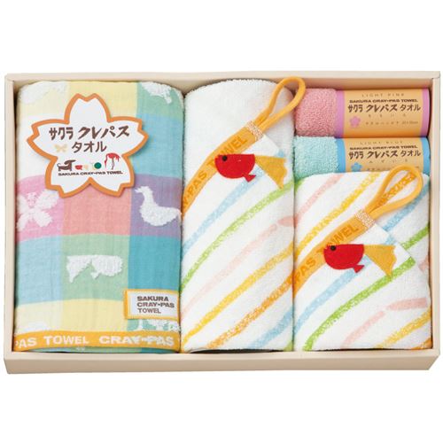 サクラクレパスタオル フェイスタオル＆ウォッシュタオル＆タオルハンカチセット＜3000＞プレゼント お祝い お返し 内祝い 贈りもの 出産祝い ギフト 結婚祝い 出産内祝い 快気祝い おしゃれ かわいい 3000円台★「クレパス」とコラボして生まれた可愛いタオルのサムネイル