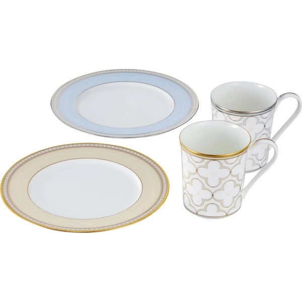 ノリタケ トレフォリオゴールド＆プラチナ モーニングペアセット(色変り)＜10000＞おしゃれ カップル 家族 結婚祝い 洋食器 新築祝い 出産祝い ギフト 誕生日 プレゼント 結婚式 引き出物 周年祝い 自宅用 自宅使い【送料込み(北海道、沖縄不可)】