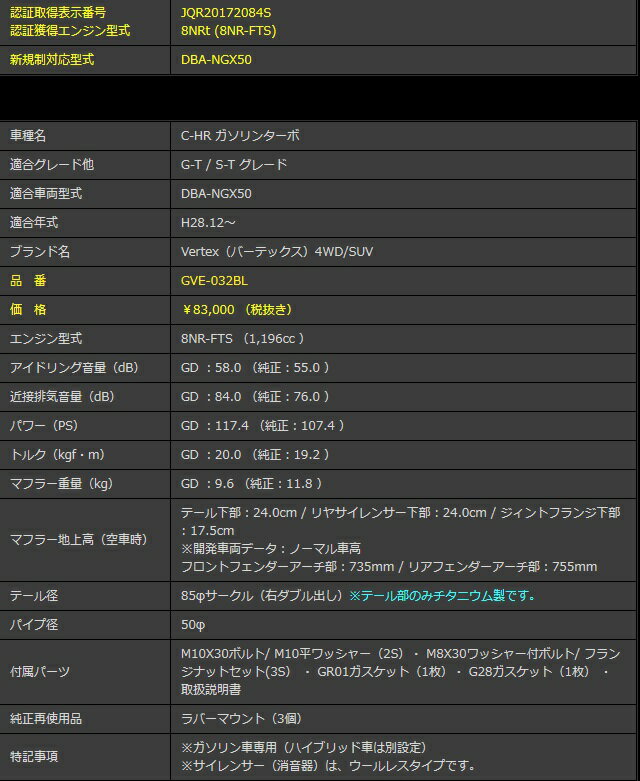 C-HR DBA-NGX50 マフラー GVE-032BL GANADOR ガナドール Vertex 4WD SUV