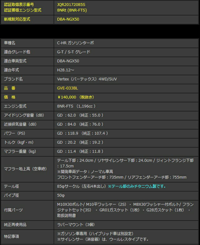 C-HR DBA-NGX50 マフラー GVE-033BL GANADOR ガナドール Vertex 4WD SUV