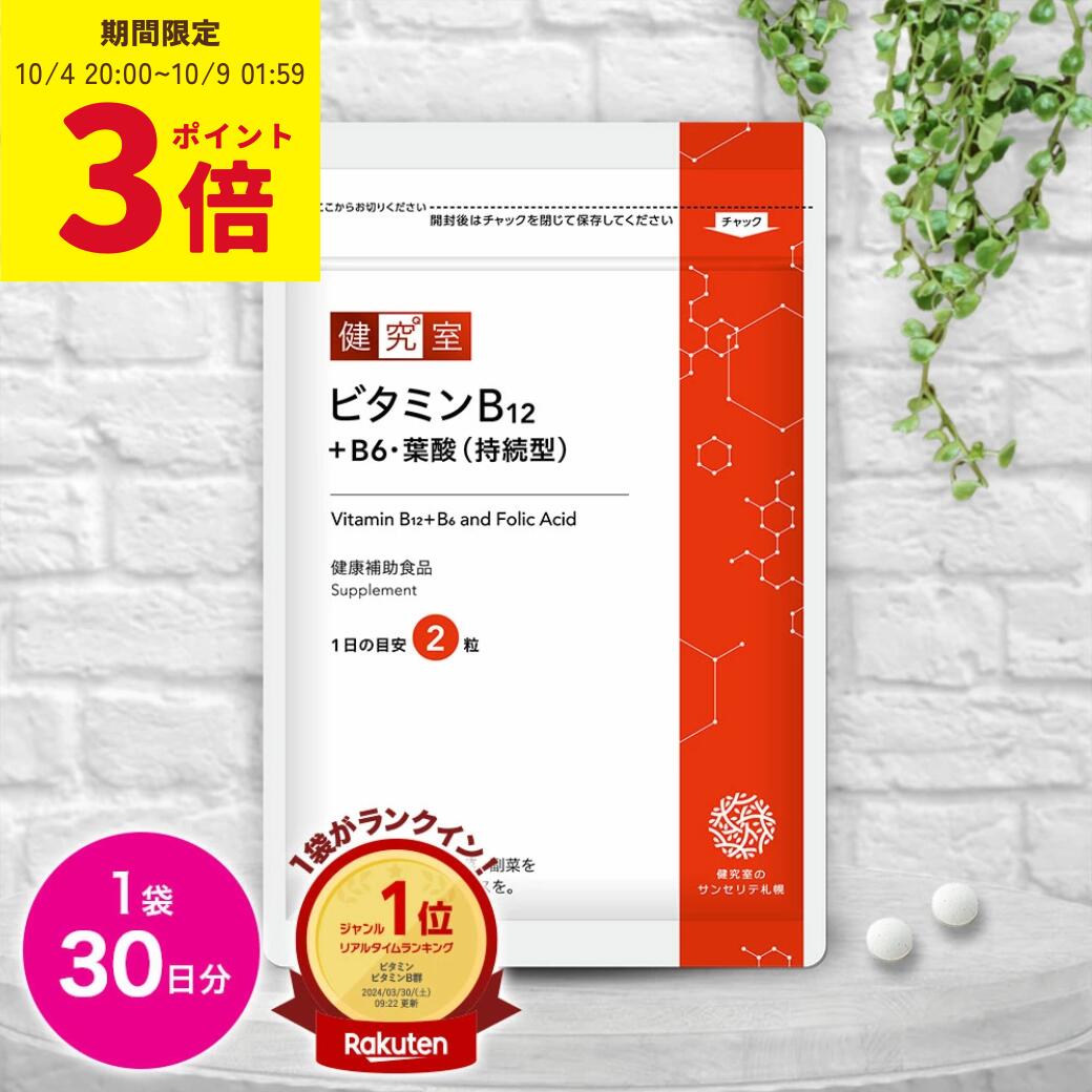 【10/9 1:59まで★P3倍】【持続型】ビタミンB12+B6 葉酸1袋(30日分) ◆ サンセリテ サプリメント 健康食品 国産 神経 妊活 葉酸 ビタミン B12 B6 おすすめ プレゼント 送料無料のサムネイル