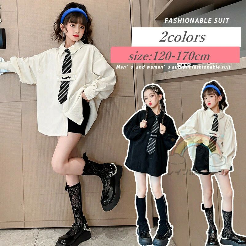 Rakuten - マラソン期間限定！ポイント5倍！女の子シャツ入学式ブラウス白長袖フォーマル綿韓国発表会ネクタイ付きダンス服カジュアルお受験学園祭イベント学生