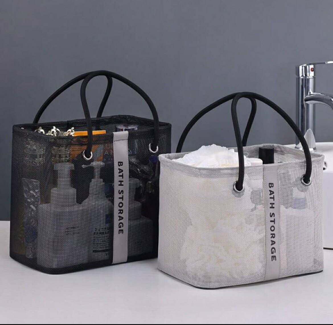 メッシュシャワーバッグ オーガナイザーバッグ 収納バッグ バスケット 大容量 旅行 ビーチ フィットネス ヨガ 化粧品バッグ ユニセックス ランドリーバスケット 丈夫 ブラック/ホワイト