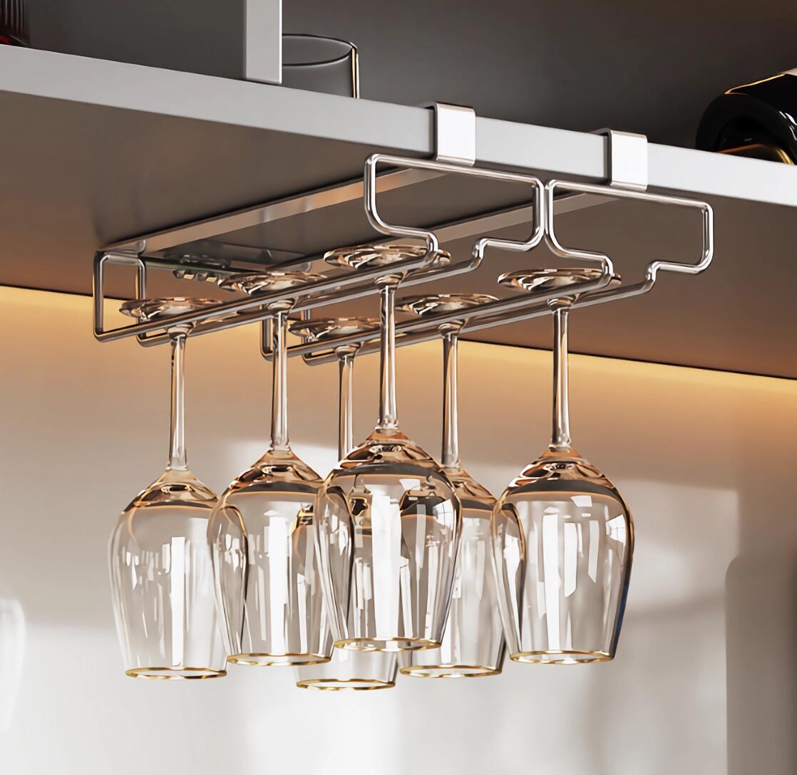 ワイングラスホルダー 吊り下げ ワイングラスラック 2連/3連 穴あけ不要 棚厚さ調節可能 ステンレス製 ..