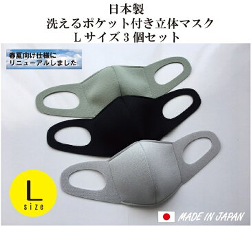 【日本製】洗えるポケット付きマスク　Lサイズ　≪ライトグレー、ライトグリーン、ブラックの3個セット≫洗って何回も使えます。飛沫、花粉、ほこり対策に使えるほか、ポケット付きですので、市販の抗ウイルスガーゼやシートなどを入れていただくことも可能です。
