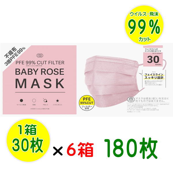 ★マスク ベビーローズマスク180枚【6箱セット送料無料】PFE不織布3層マスク30枚入り（1箱） ワイドサイズ 195×85 使い捨てマスク 花粉 風邪 インフルエンザ 全国マスク工業会 ウィルス飛沫カット 看護 介護 JIS規格 花粉対策グッズ