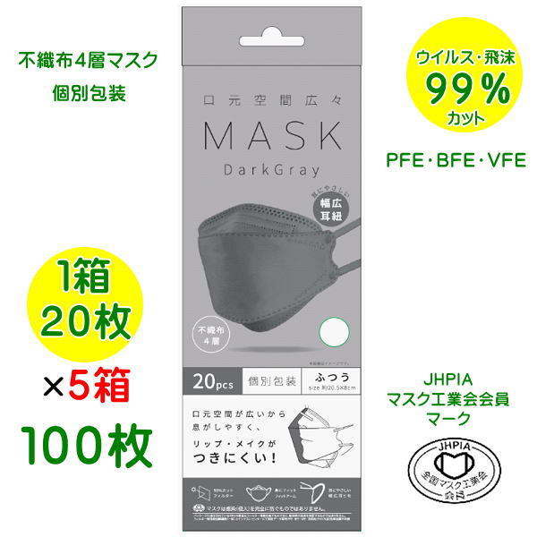 商品情報 商品名 口元空間広々マスク100枚（20枚入×5箱） 素材・成分 ノーズアーム：ポリエチレン　本体、フィルター部：ポリプロピレン　耳紐：ポリエステル、ポリウレタン 本体サイズ 約205×80mm（個包装） カラー ダークグレー 生産国 中国製 発売元 （株）富士 商品特徴 4層構造でぴったり密着！ しっかりとした生地感！ 口元の空間を保持します。 今大人気の立体型マスク！ 口元に空間が生まれ、マスクに唇が触れないため喋りやすい！ ピッタリフィットで隙間を作らず、メガネをかけていても曇りにくい！ 6mmの太い耳紐で付け心地がよい！ 立体4層構造で飛沫や花粉をしっかりブロック！ 1枚1枚うれしい衛生的な個別包装です！ PFE／BFE／VFE99％カット！ マスク工業会会員マーク JHPIA JIS規格適合品 ※マスクは感染を完全に防ぐものではありませんのでご了承ください。 ※衛生商品のため、返品・交換はできませんのでご了承ください。 製品の説明書をお読みいただきご使用ください。 ※配送先につきまして 沖縄県につきましては発送ができませんので ご注意ください。