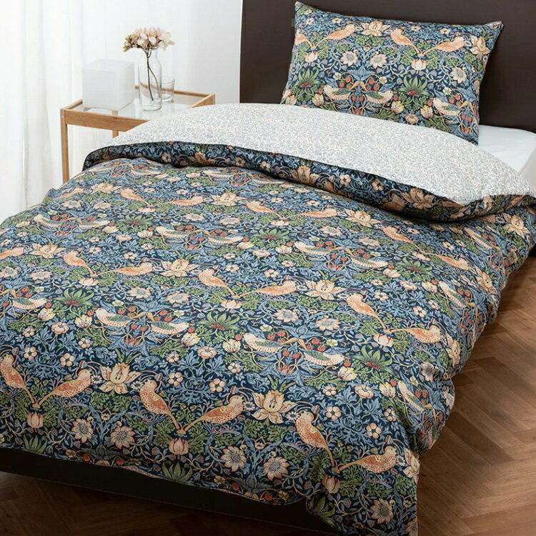 西川 掛け布団カバー シングル 綿100% モリスギャラリー いちご泥棒 着脱簡単なクイックスナップ リバーシブル 洗える 日本製 ネイビー