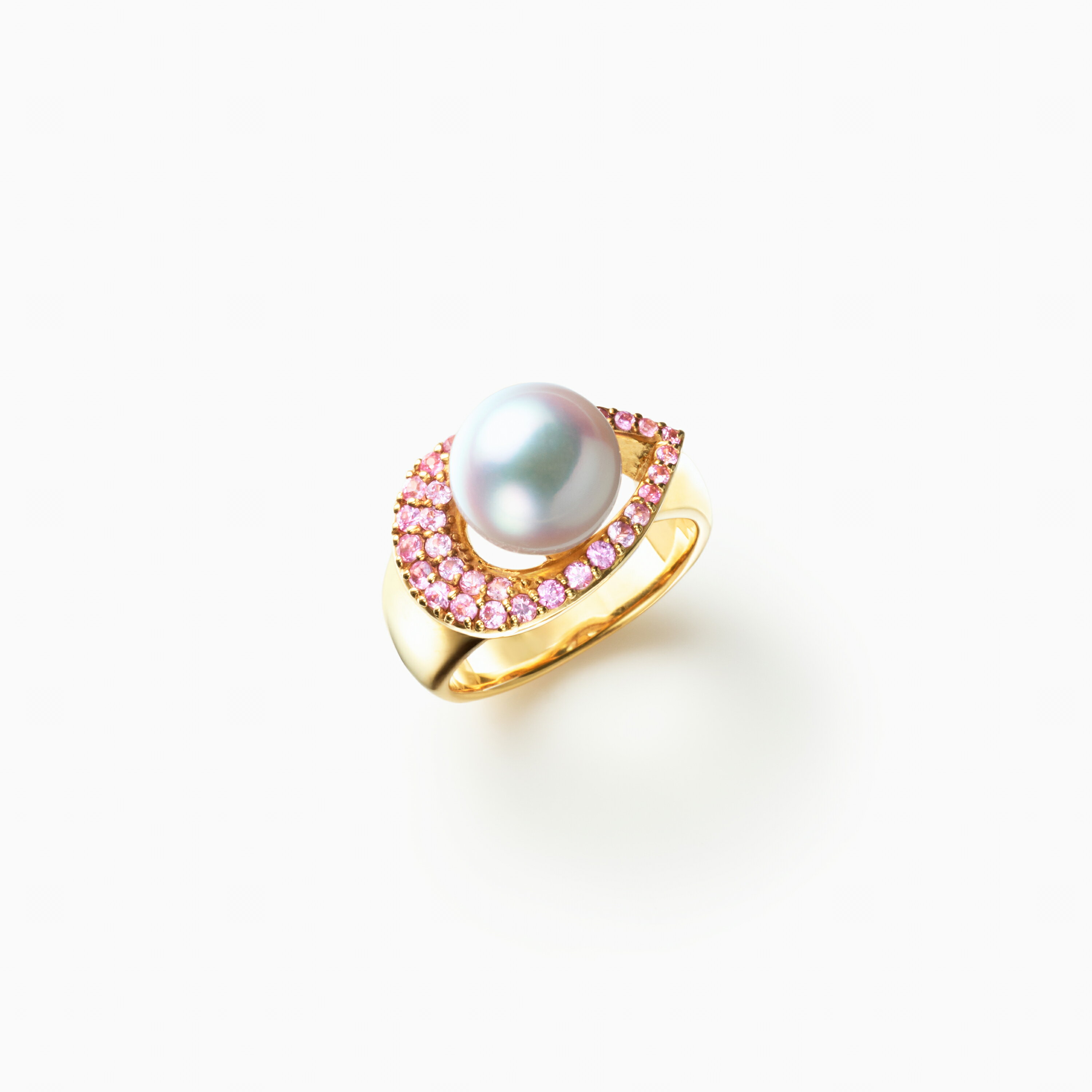 Pearl - 《真珠大卸からの直販》■テリ評価95点・真珠を取り巻くティアドロップの最高級デザイン■越物花珠真珠9.5mmUP K18YG製リング[ホワイト系グリーンピンク] 9.5mmUP【送料無料】