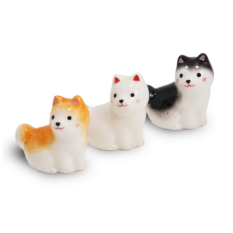 ふくべ屋 かわいい柴犬の陶器製わんこ箸置き3個セット（茶しば・黒しば・シロ）犬好き必見｜食卓に笑顔..