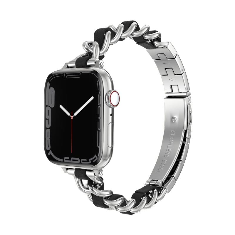 AiMaoo 22年ニュー設計 Apple Watch Series 8 45mm/Series 7 45mm /Series 6/5/4 44mm/3/2/1 42mm/Watch Ultra/SE 44mm 用 バンド ステンレス鋼+革 交換用ベルト(2)