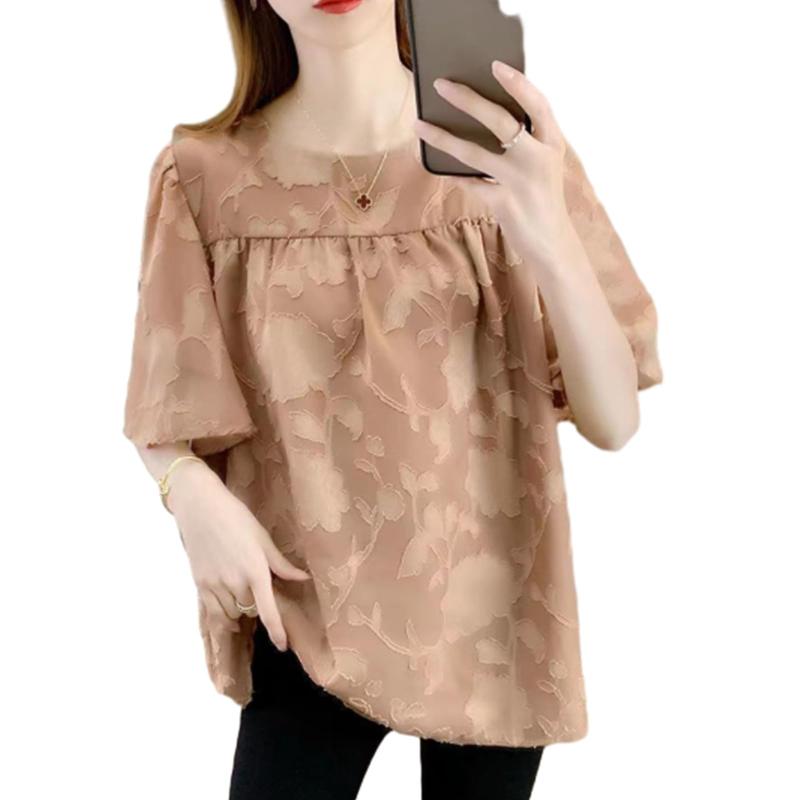 [MaadeaNoeTe] ブラウス レディース シフォン シャツ 半袖 トップス 花柄 ティーシャツ プルオーバー クルーネック パフスリーブ レース フリル 無地 体型カバー ゆったり 通勤 春 夏 秋