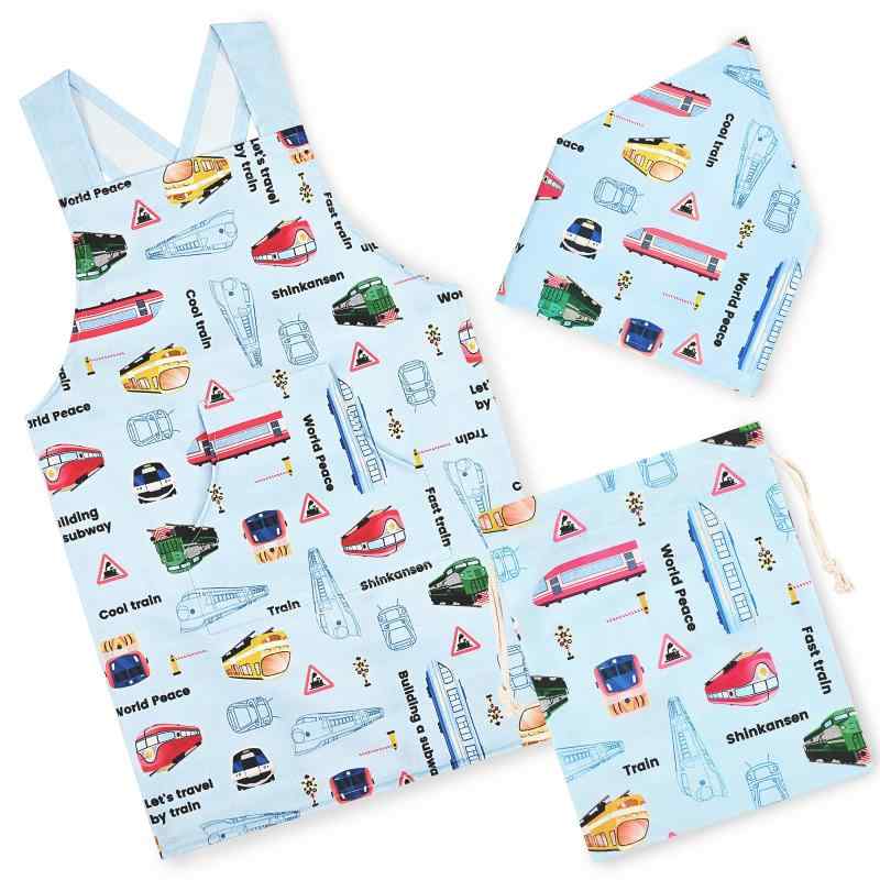 [Athbavib] キッズエプロン 子供 電車 新幹線 三点セット 三角巾 巾着袋付き ポケット付き かぶるだけ ..
