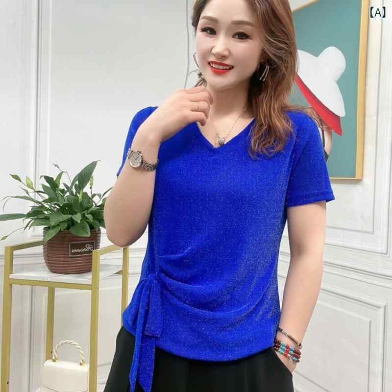 Blouses, Shirts - 夏 レディース 短袖 Vネック Tシャツ お腹カバー ママトップス ゆったりシルエット ユニークスタイル カジュアル 普段使い 軽量 吸湿速乾