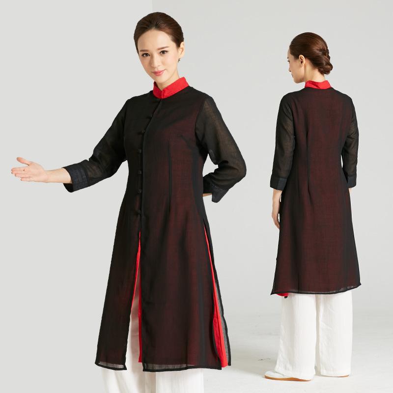 チャイナドレス レディース 中国 晨練服 武当 伝承 居士服 アウター トップス 太極拳 ウェア 武術 スポーツウェア 稽古着 普段着 長袖 立ち襟 羽織物 軽量 伸縮性 通気性 吸湿速乾 サラサラ 快適 体型カバー ゆったり 細見え 二の腕カバー お