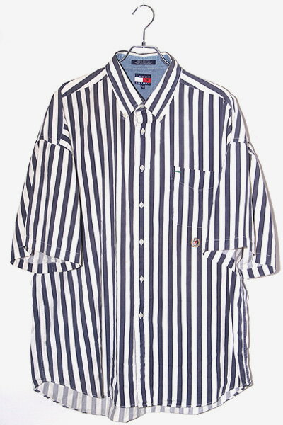 【中古】90s TOMMY HILFIGER トミーヒルフィガー オールドトミー フラッグタグ オーバーサイズ ストライプ 半袖シャツ XL NAVY ネイビー ビンテージ /◆ メンズ 【ベクトル 古着】 240425