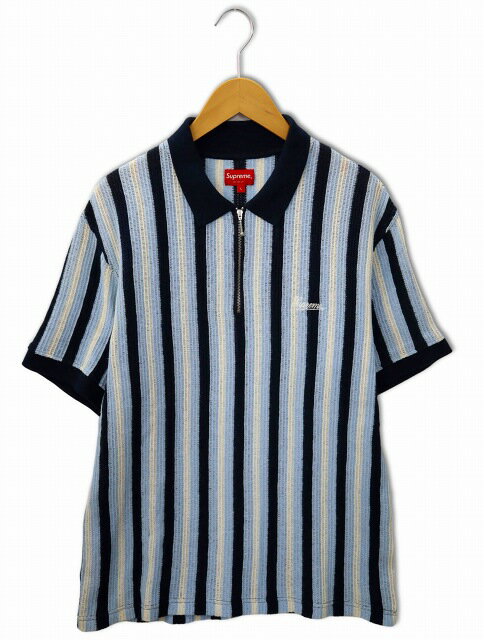 【中古】シュプリーム SUPREME 2022SS Open Knit Stripe Zip Polo オープン ニット ストライプ ジップ ポロシャツ L NAVY(ネイビー) メンズ 【ベクトル 古着】 240504