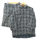 【中古】ウエストトゥワイス WASTE TWICE 総柄 ヘンリーネック 長袖 シャツ ボタンフライ ハーフパンツ セットアップ DARK GREEN ダー
