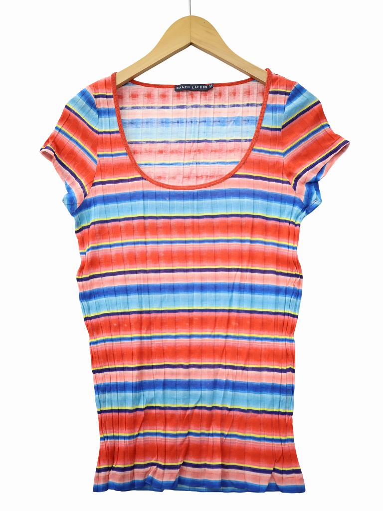 Rakuten - 【中古】ラルフローレン RALPH LAUREN Uネック フレンチスリーブ ボーダー プリーツ カットソー 5f(M) MULTICOLLAR(マルチカラー) 春夏 レディース 【ベクトル 古着】 260607