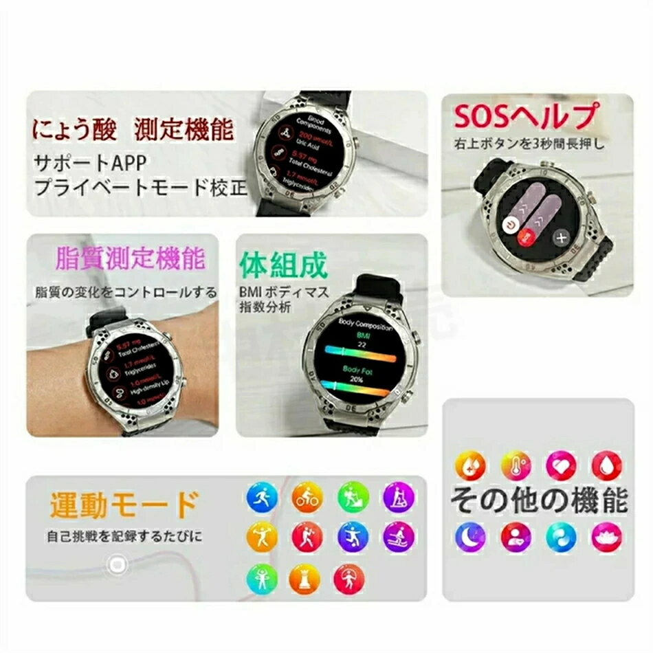 【最低価格挑戦★品質保証】 血糖 値 計 スマート ウォッチ 血圧 心電図 尿酸値測定 モニタリング 皮膚温度 心拍数 着信通知 1.43インチ大画面 日本語 sos スマートウォッチ 通話機能 IP65防水 iPhone Android LINE 男女兼用 日本語取説 腕時計 丸型 贈り物 父の日 ギフト
