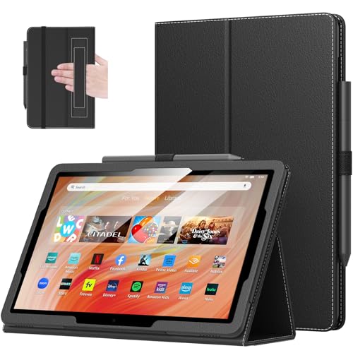 Fire HD 10 ケース MoKo Fire HD 10 & 10 Plus 2023/2021 第13世代/第11世代 専用保護カバー 全面保護ケース スタンドケース 手ホルダー付き ペンシル収納ゴム付き 軽量 薄型 傷防止 手帳型 Black(2)