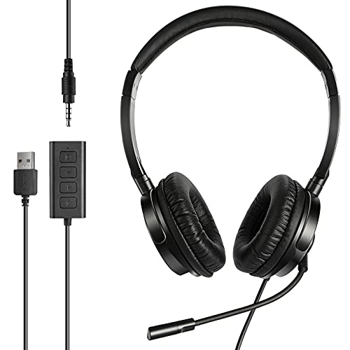 PC用ヘッドセット ヘッドフォン マイク付き ノイズキャンセリング 音量調整可能 軽量 リモコン付き フリサイズ 3.5mm 4極端子 有線 USBコネクタ 両耳 Zoom/Skype オンライン授業/テレワーク リモートワークWeb会議 Android PS4 スマホ 対応
