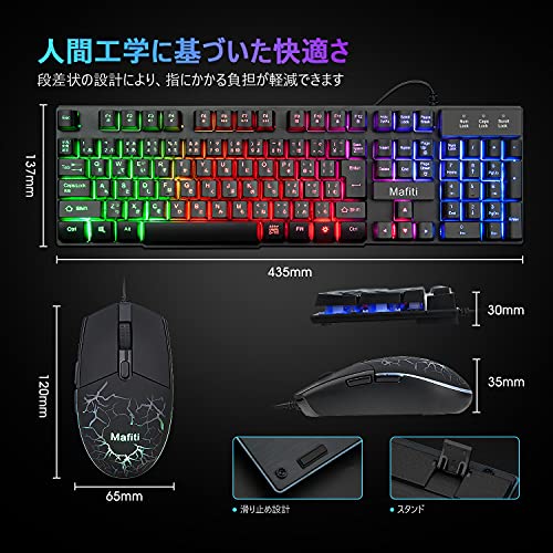 Mafiti ゲーミング キーボード マウス セット USB有線 106キー 日本語配列 19キー防衝突 4段階 ゲーミングマウス 防水 RGBバックライト Windows/VISTA/XLinux/プレステなどのシステムに対応 RK101