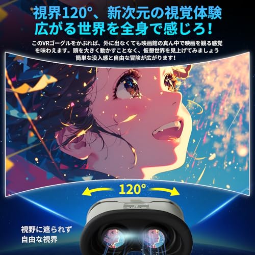 VRゴーグル 2024新登場&スマートフォン対応VRヘッドセット VRヘッドマウントディスプレイ 3Dパノラマ体験 1080P 超広角120°視野角 vrゴーグル スマホ用 非球面光学レンズ ピントや目幅調整可 装着感良い vr 通気性 軽量 放熱性良い 4.7～6.7
