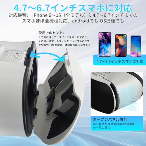 VRゴーグル 2024新登場&スマートフォン対応VRヘッドセット VRヘッドマウントディスプレイ 3Dパノラマ体験 1080P 超広角120°視野角 vrゴーグル スマホ用 非球面光学レンズ ピントや目幅調整可 装着感良い vr 通気性 軽量 放熱性良い 4.7～6.7