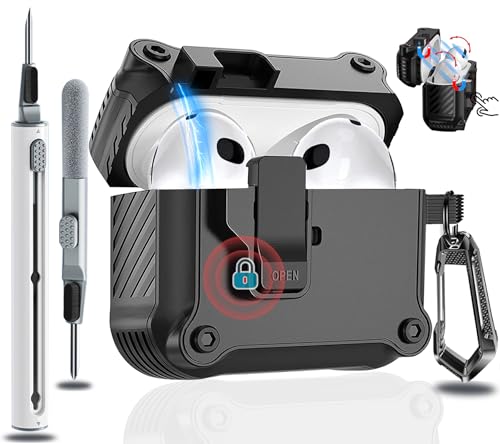 OJBSEN Airpods 第4世代 ケース AirPods4 ケース 2024 (USB-C) 対応 安全ロック付き 自動ボタン エアーぽっず 第4世代 ケース クリーナーキット付き Magsafe ワイヤレス充電対応 LEDライトが見える エアポッズ4カバー カラビナ付き 分離式 ハード