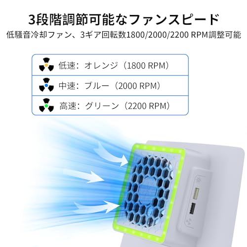 Iesooy for PS5 Slim用冷却ファン、P5 Slimディスクとデジタル版用冷却ファン、3速ファン速度、6色調節可能なRGBライト、2つUSBポートホワイト