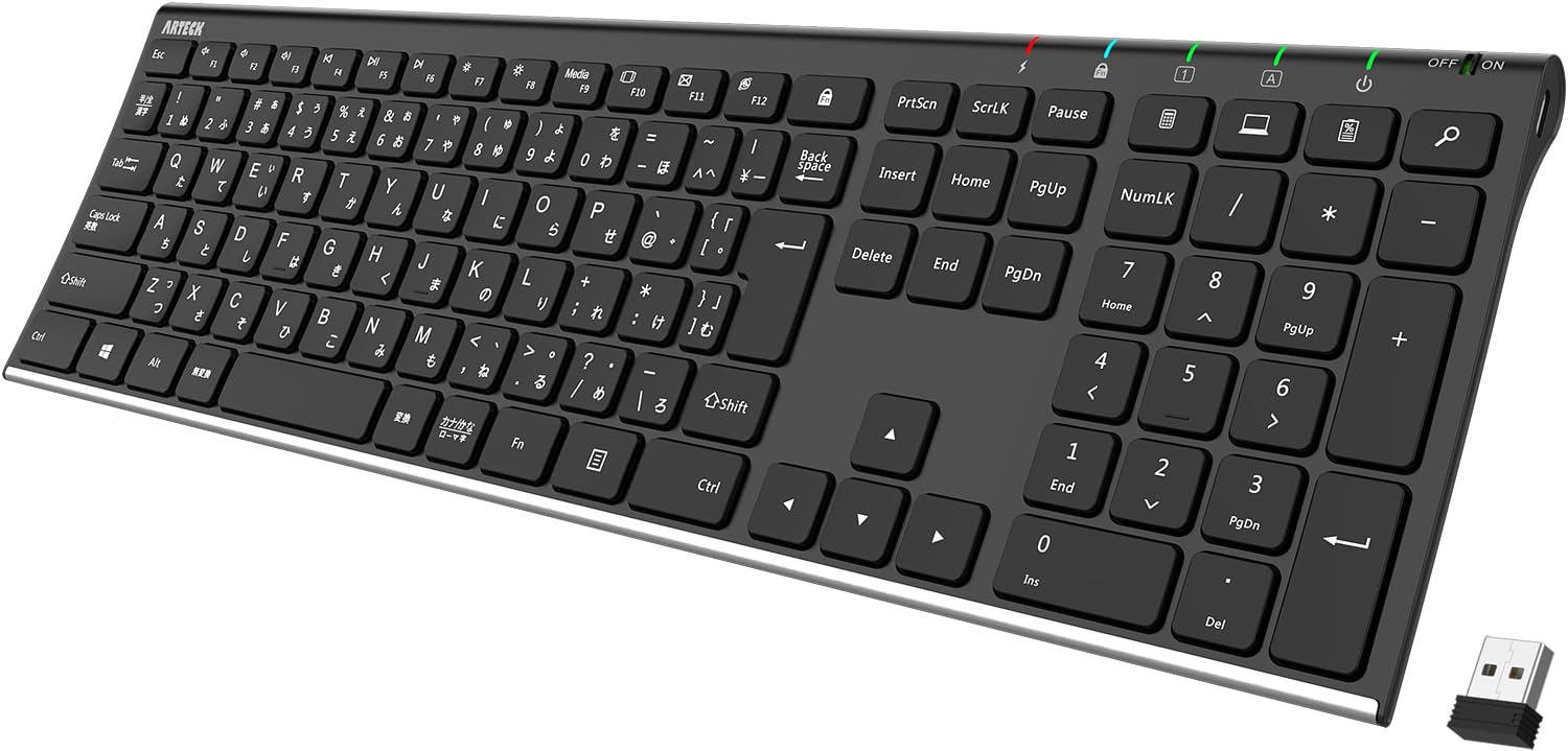 Arteck 2.4G ワイヤレスキーボード日本語配列 無線ステンレススチール 軽量 フルサイズキーボード テン..