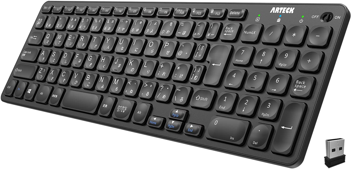Arteck 2.4Gワイヤレス キーボード 無線 軽量 フルサイズ テンキー付き メディア機能 ホットキー コン..
