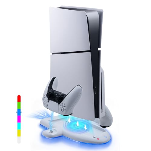 Mcbazel 新型 PS5 Slim対応 縦置き RGB充電スタンド 冷却ファン搭載 過充電防止 コントローラー 2台同時充電対応 省スペース ディスク/デジタル版兼用 PS5 Pro非対応- ホワイト