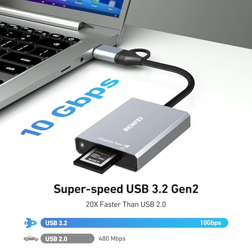 BENFEI CFexpress タイプA カードリーダー, USB 3.2 (Gen 2) 10Gbps, USB-C&USB-A 2-in-1 Type A CFexpress アダプタ Windows/Mac/Linux/Android