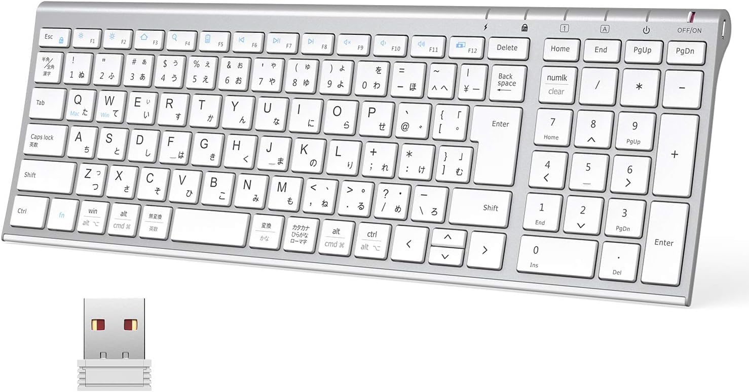 iClever キーボード ワイヤレスキーボード 無線 キーボード ワイヤレス USB充電式 JIS基準 日本語配列 薄型 キーボード テンキー付き コンパクトキーボード 静音 2.4G(レシーバー付属) フルキーボード パンタグラフ アルミ合金製 長時間稼働