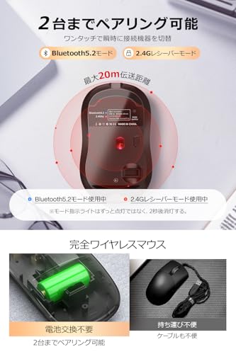 マウス bluetooth 無線 マルチ接続・Bluetooth5.2 ワイヤレスマウス 3段階dpi切替 2.4GHz 静音マウス 左右両利き 節電モデル 薄型 感度高い RGB呼吸ライト Type-C充電 耐久性あり 小型 省エネ 光学式マウス コンパクト 持ち運び便利