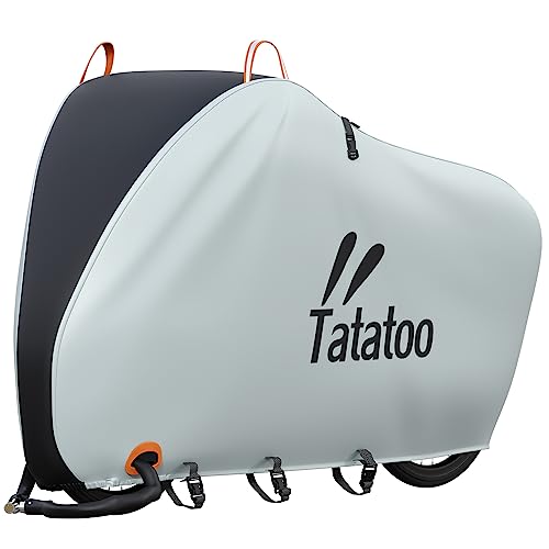 Tatatoo 自転車カバー最新のアップグレード版！バックル4箇所と前後2つのロック用穴付きの全天候型厚手 破れにくい 防水 雨風避け 紫外線カット 埃よけ用 盗難防止のアイレット前に付く 取っ手付く 29インチまでの車種に対応 取っ手付く 収納袋付き(4)