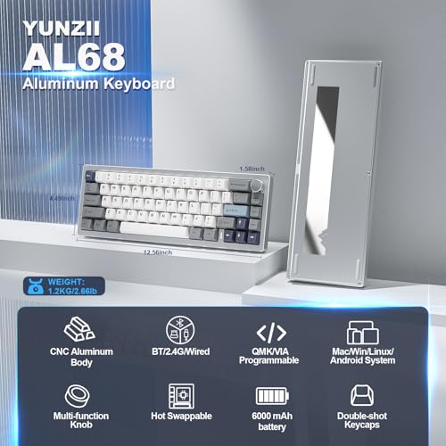 YUNZII AL68 メカニカルキーボード ワイヤレス 68キー ホットスワップ対応 英語配列 RGB QMK/VIAアルミニウムキーボード BT5.0/2.4G/USB-C有線 ノブ付き ガスケット装着キーボード Windows/Mac用 技適認証取得 (シルバー, ミルクV2)