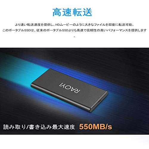 RAOYI 外付けSSD 1TB USB3.1 Gen2 ポータブルSSD 転送速度最大550MB/秒 PS4動作確認済 超薄型・超高速Type-A/Type-C 耐衝撃 防滴 黒