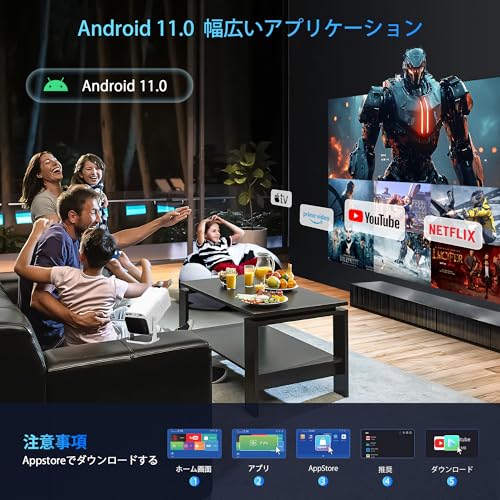 270°回転 HIPPUS Android TV プロジェクター 天井 小型 家庭用 450ANSI 1080P 5G WIFI6 Bluetooth 5.2 プロジェクター 4Kビデオに適応 ホームシアター PC/PS5/Switch/FireTV Stick/DVD/USBなど対応